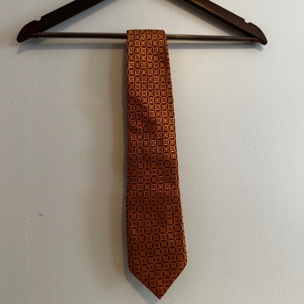 Canali Men's Silk Tie Burnt Orange Gold Geometric Medallion Made in Italy Fall